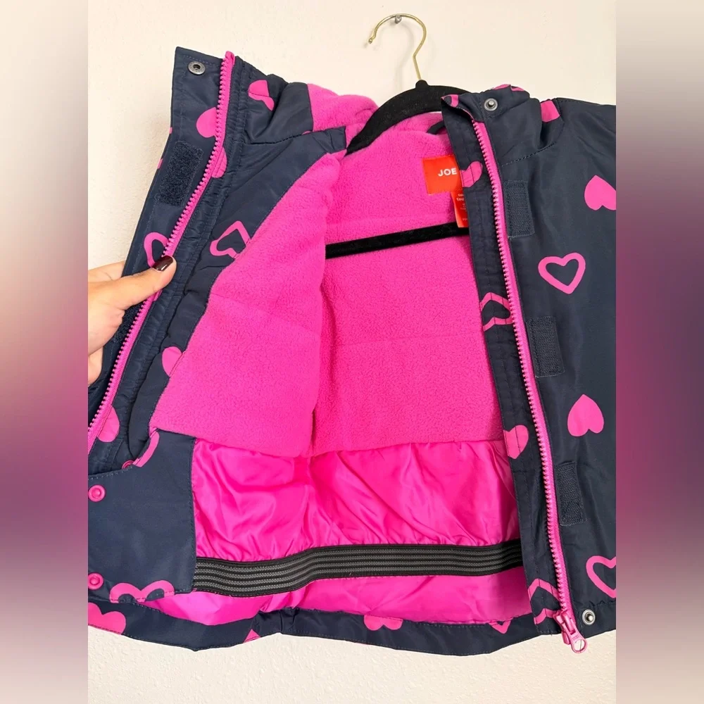 Joe Fresh Girls Puffer Jacket Navy Pink Hearts Size 4